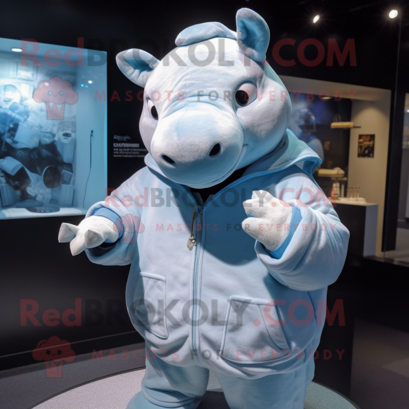Sky Blue Rhinoceros mascot costume character dressed with a Hoodie and Shawl pins Sky Blue Rhinoceros mascot costume character dressed with a Hoodie and Shawl pins