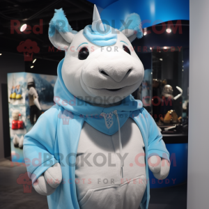 Sky Blue Rhinoceros mascot costume character dressed with a Hoodie and Shawl pins