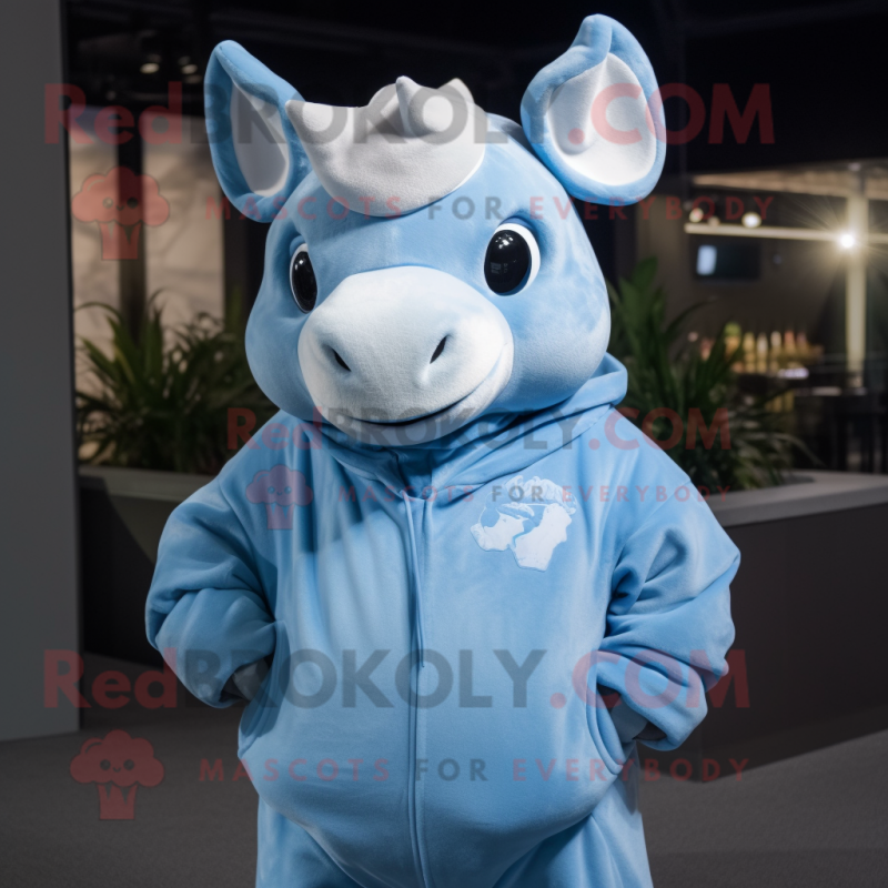 Sky Blue Rhinoceros mascot costume character dressed with a Hoodie and Shawl pins