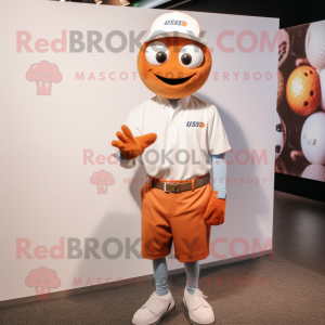 Rust Golf Ball mascot costume character dressed with a Button-Up Shirt and Smartwatches