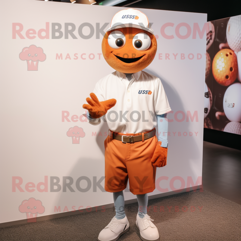 Rust Golf Ball mascot costume character dressed with a Button-Up Shirt and Smartwatches Rust Golf Ball mascot costume character dressed with a Button-Up Shirt and Smartwatches