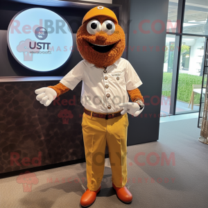 Rust Golf Ball mascot costume character dressed with a Button-Up Shirt and Smartwatches