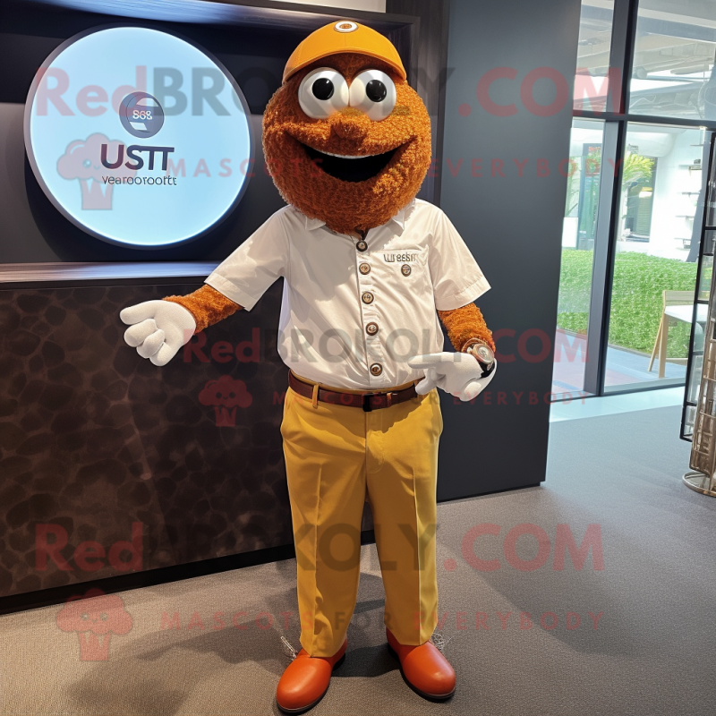 Rust Golf Ball mascot costume character dressed with a Button-Up Shirt and Smartwatches