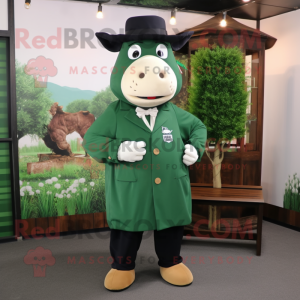Forest Green Steak mascot costume character dressed with a Coat and Pocket squares