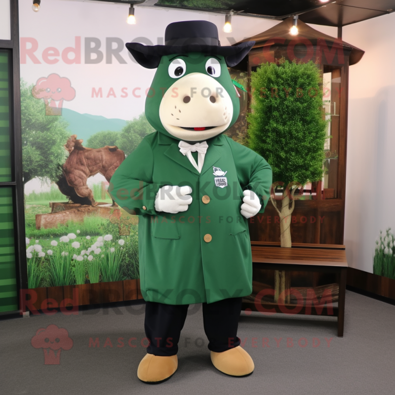 Forest Green Steak mascot costume character dressed with a Coat and Pocket squares