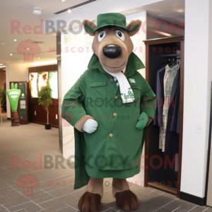 Forest Green Steak mascot costume character dressed with a Coat and Pocket squares