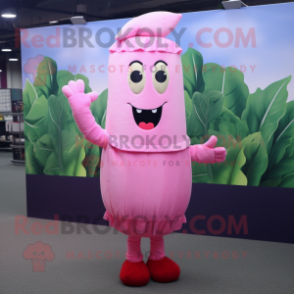 Pink Radish mascot costume character dressed with a Sheath Dress and Mittens