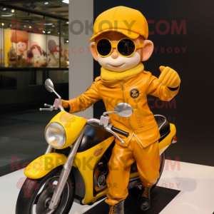 Gold Apricot mascot costume character dressed with a Moto Jacket and Berets