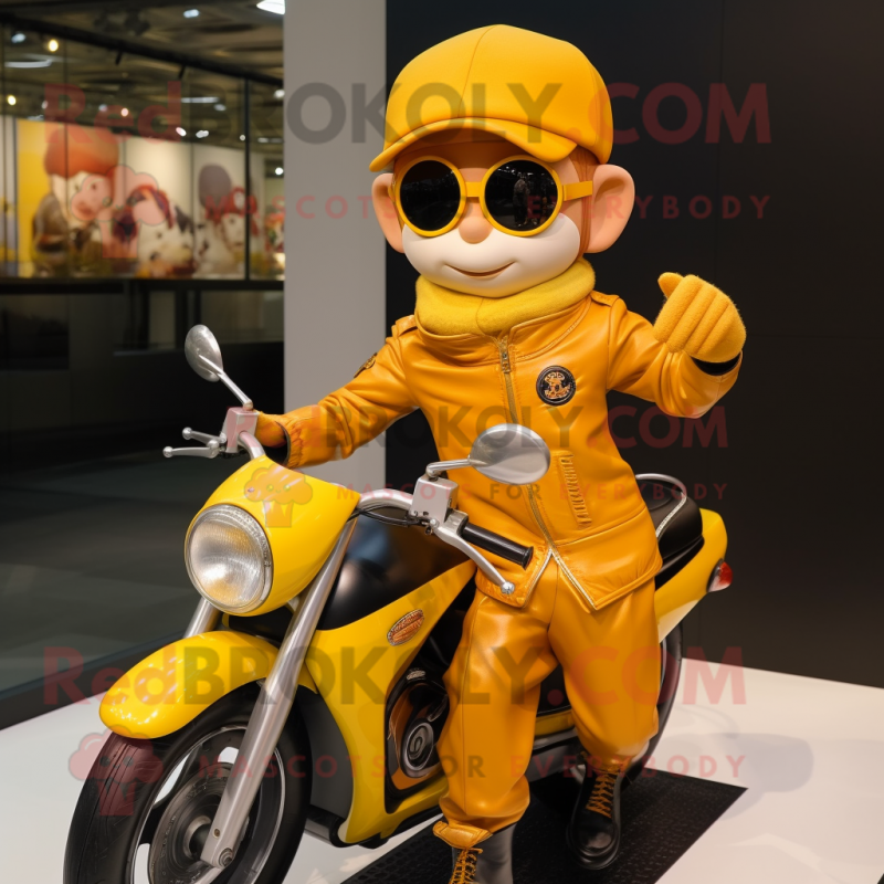 Gold Apricot mascot costume character dressed with a Moto Jacket and Berets Gold Apricot mascot costume character dressed with a Moto Jacket and Berets