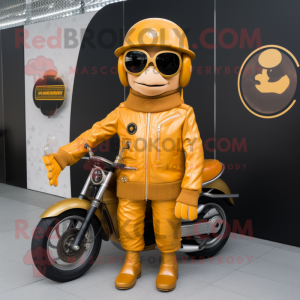 Gold Apricot mascot costume character dressed with a Moto Jacket and Berets