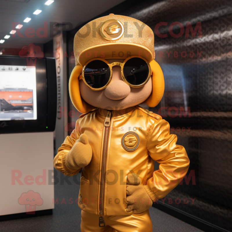Gold Apricot mascot costume character dressed with a Moto Jacket and Berets Gold Apricot mascot costume character dressed with a Moto Jacket and Berets