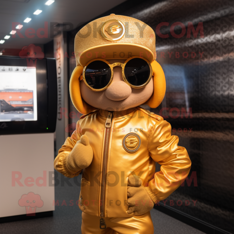 Gold Apricot mascot costume character dressed with a Moto Jacket and Berets