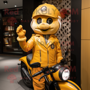 Gold Apricot mascot costume character dressed with a Moto Jacket and Berets