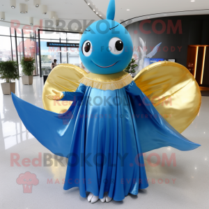 Gold Blue Whale mascot costume character dressed with a Dress and Rings