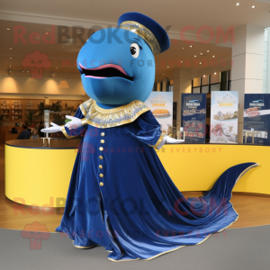 Gold Blue Whale mascot costume character dressed with a Dress and Rings