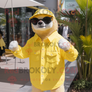 Lemon Yellow Giant Sloth mascot costume character dressed with a Poplin Shirt and Sunglasses