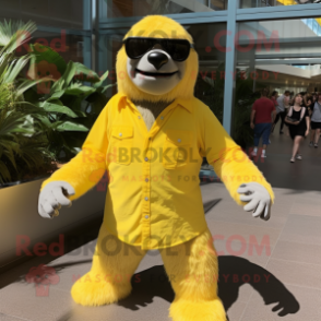 Lemon Yellow Giant Sloth mascot costume character dressed with a Poplin Shirt and Sunglasses