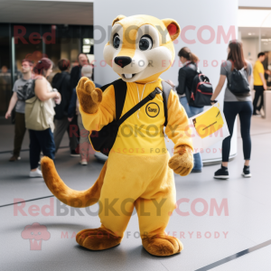Yellow Weasel mascot costume character dressed with a Tank Top and Messenger bags