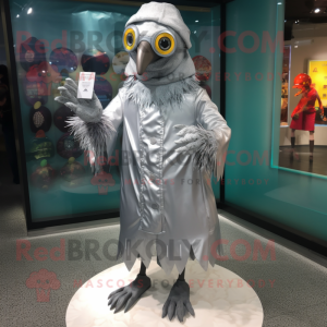 Silver Tandoori Chicken mascot costume character dressed with a Raincoat and Eyeglasses