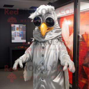 Silver Tandoori Chicken mascot costume character dressed with a Raincoat and Eyeglasses