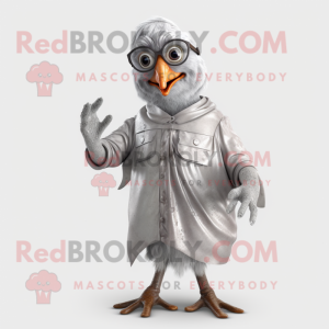 Silver Tandoori Chicken mascot costume character dressed with a Raincoat and Eyeglasses