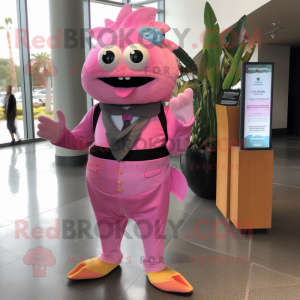 Pink Ceviche mascot costume character dressed with a Dress Pants and Coin purses