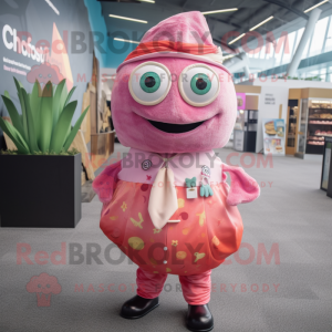 Pink Ceviche mascot costume character dressed with a Dress Pants and Coin purses