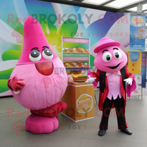 Pink Ceviche mascot costume character dressed with a Dress Pants and Coin purses
