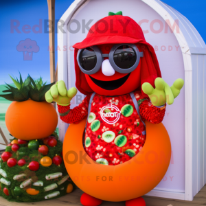 Red Tomato mascot costume character dressed with a Bikini and Bracelets