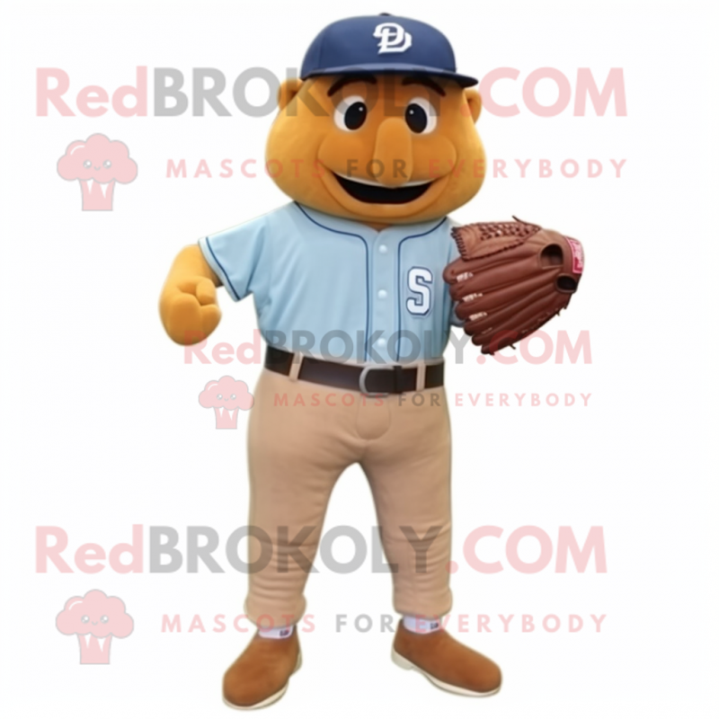 Brown Baseball Glove mascot costume character dressed with a Denim Shirt and Belts Brown Baseball Glove mascot costume character dressed with a Denim Shirt and Belts