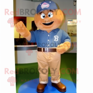 Brown Baseball Glove mascot costume character dressed with a Denim Shirt and Belts