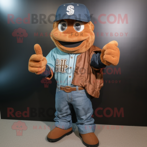 Brown Baseball Glove mascot costume character dressed with a Denim Shirt and Belts