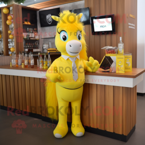Lemon Yellow Mare mascot costume character dressed with a Cocktail Dress and Pocket squares