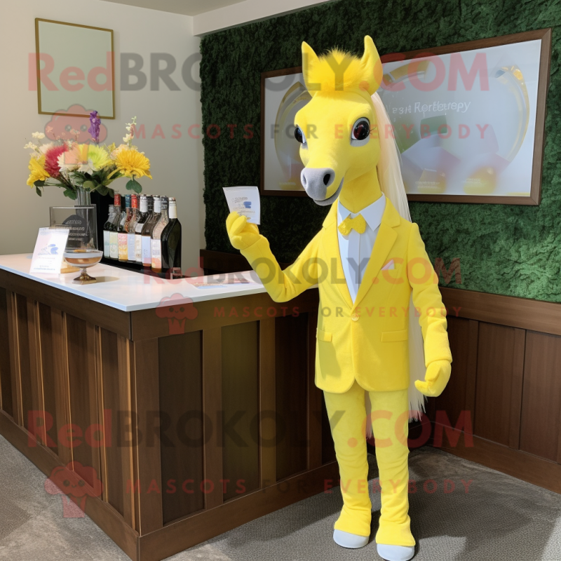 Lemon Yellow Mare mascot costume character dressed with a Cocktail Dress and Pocket squares