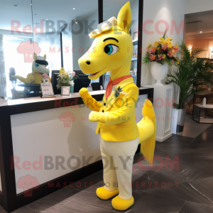Lemon Yellow Mare mascot costume character dressed with a Cocktail Dress and Pocket squares