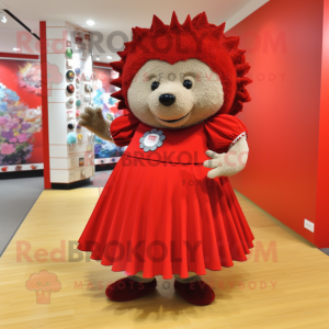 Red Hedgehog mascot costume character dressed with a Empire Waist Dress and Shoe clips