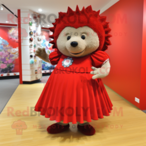 Red Hedgehog mascot costume character dressed with a Empire Waist Dress and Shoe clips