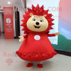 Red Hedgehog mascot costume character dressed with a Empire Waist Dress and Shoe clips