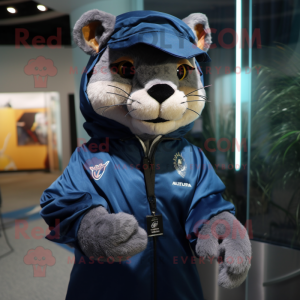 Navy Jaguarundi mascot costume character dressed with a Windbreaker and Shoe laces