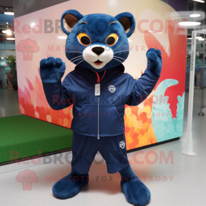 Navy Jaguarundi mascot costume character dressed with a Windbreaker and Shoe laces