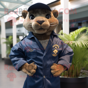 Navy Jaguarundi mascot costume character dressed with a Windbreaker and Shoe laces