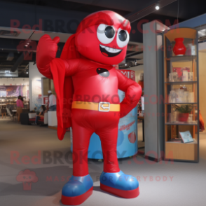 Red Superhero mascot costume character dressed with a Boyfriend Jeans and Suspenders