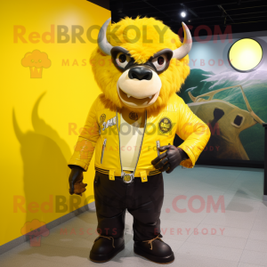 Lemon Yellow Buffalo mascot costume character dressed with a Moto Jacket and Coin purses