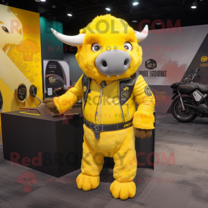 Lemon Yellow Buffalo mascot costume character dressed with a Moto Jacket and Coin purses