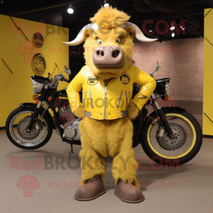 Lemon Yellow Buffalo mascot costume character dressed with a Moto Jacket and Coin purses