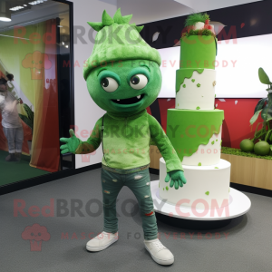 Green Wedding Cake mascot costume character dressed with a Skinny Jeans and Headbands