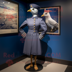 Navy Passenger Pigeon mascot costume character dressed with a Mini Skirt and Caps