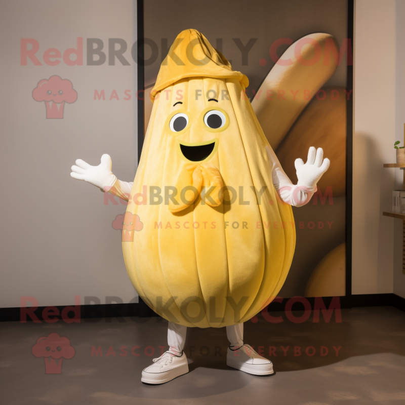 Gold Melon mascot costume character dressed with a Poplin Shirt and Mittens