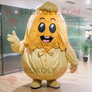 Gold Melon mascot costume character dressed with a Poplin Shirt and Mittens