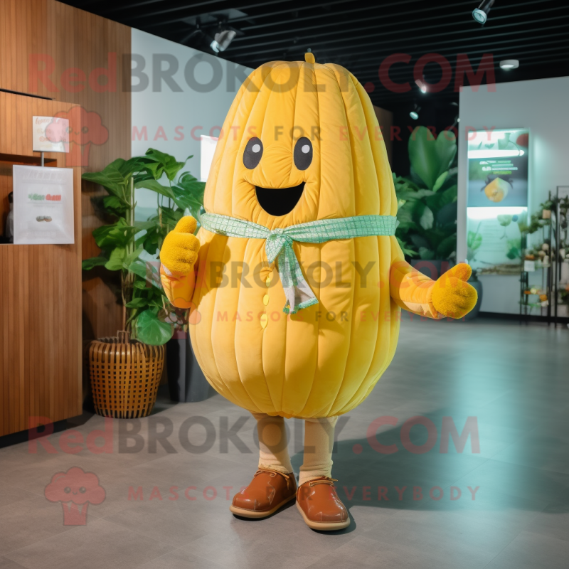 Gold Melon mascot costume character dressed with a Poplin Shirt and Mittens